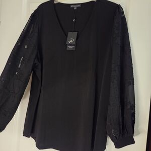 Adrianna Papell Black V-Neck Top With Semi Sheer Sleeves Sz 2X NWT